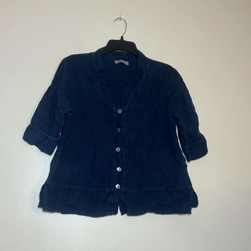 Ella Moda Navy Blue Button Up Linen Blouse Shirt Small Medium